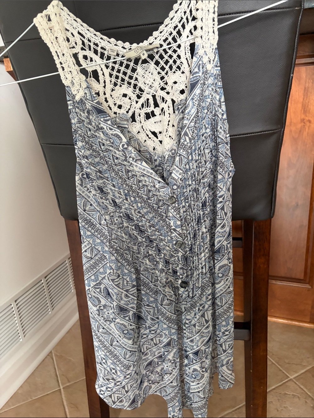 Guess Crochet Yoke Blue Patterned Tank Top